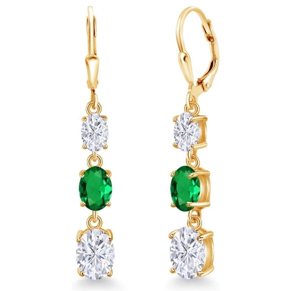 18K Yellow Gold with 5.20 Cttw 3 Stone Emerald and White Moissanite Earrings